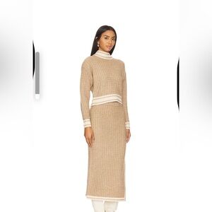 Ribbed Knit Sweater & Skirt Set in Beige with Cream Trim